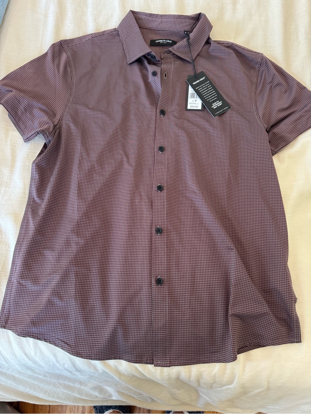 Kenneth Cole Men's Short-Sleeve Button-Down in Burgundy Microcheck